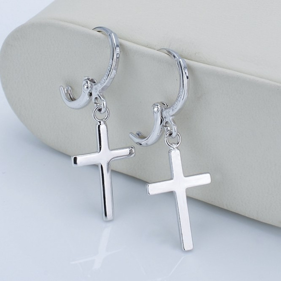 Men's 18K White Gold Filled Smooth Silver Cross Dangle Earrings Gorgeous Gift - Picture 1 of 4